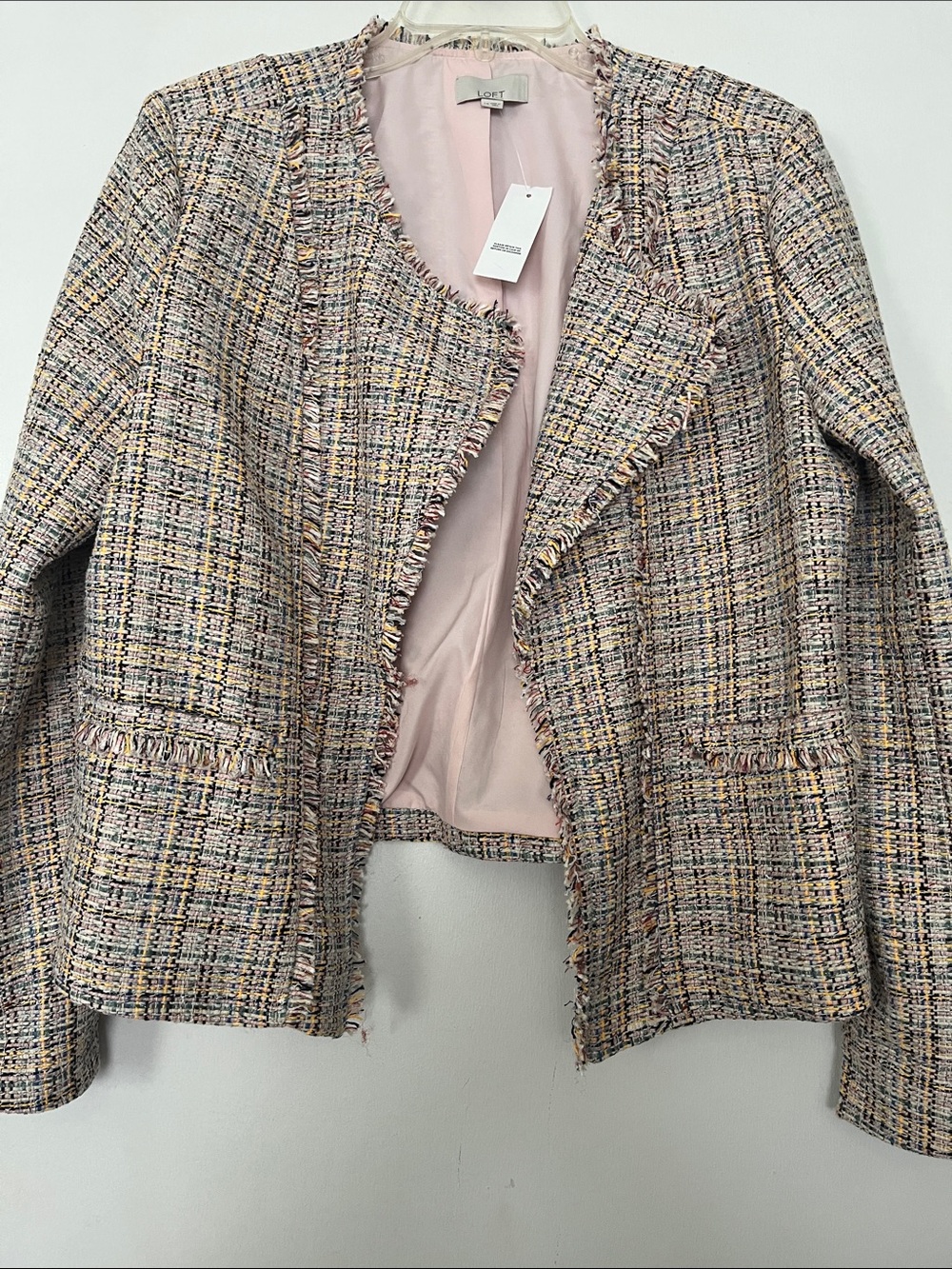 LOFT Pink Multicolored Tweed Fringe Open-Front Blazer
